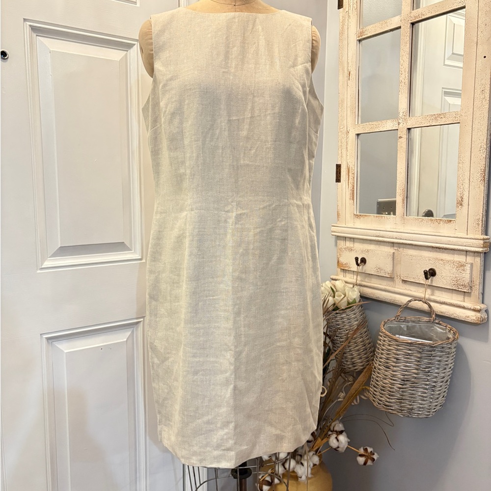 Talbots Khaki Sleeveless‎ Irish Linen Midi Dress Sheath 12 Polished Quiet Luxury